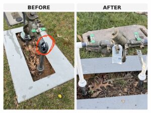 Before-and-after of a backflow assembly repaired by Cary Sprinklers in Cary, NC