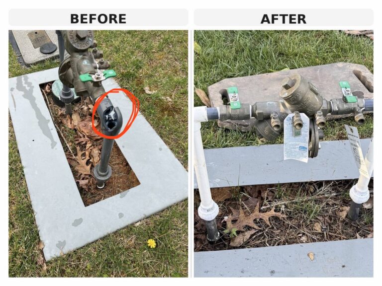 Before-and-after of a backflow assembly repaired by Cary Sprinklers in Cary, NC