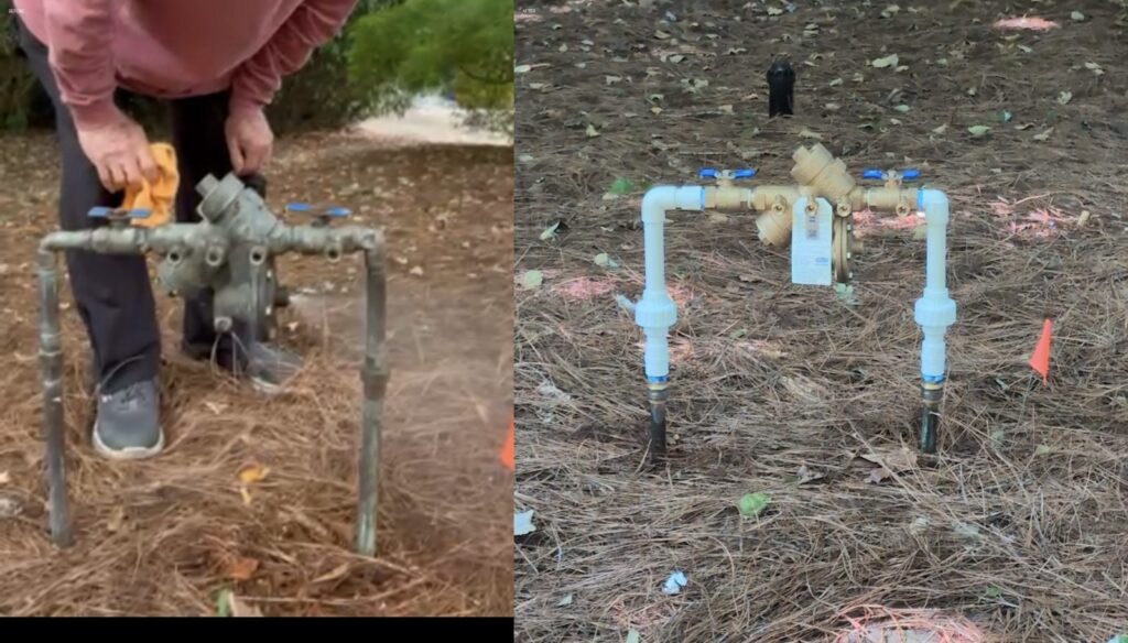 Before and after of a rebuilt irrigation valve manifold installed in a Cary, NC lawn